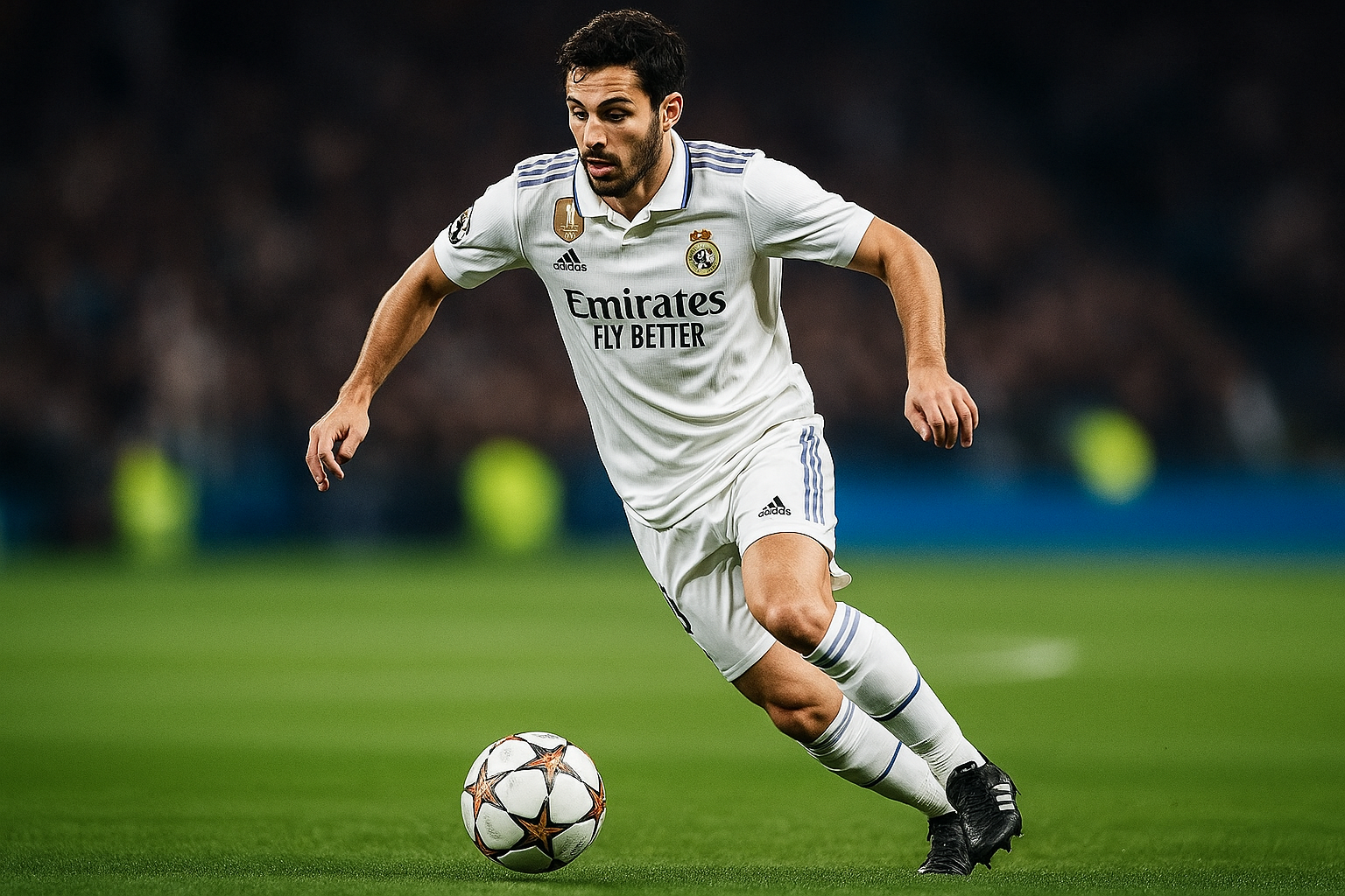 modelo jugando futbol con camisa del real madrid y guayos de la marca adidas y fondo de cancha de futbol